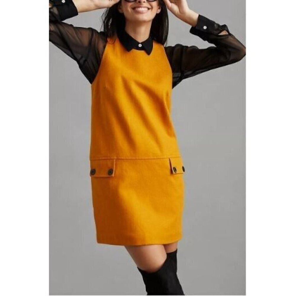 Anthropologie Maeve Dress Womens 2 Mustard Yellow Crewneck Mini Shift Academia